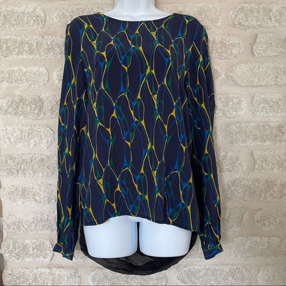 Winter Kate silk blouse sheer back blue black green yellow S